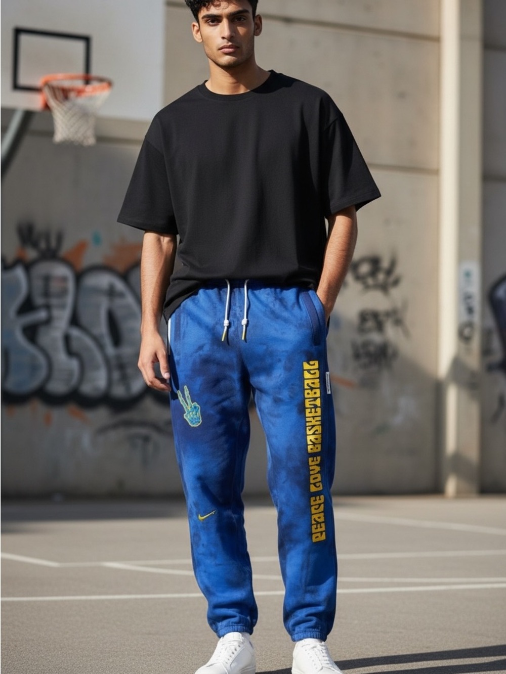 Nike Blue Basketball Tie-Dye Sweatpants with Yellow Drip Smile Graphic